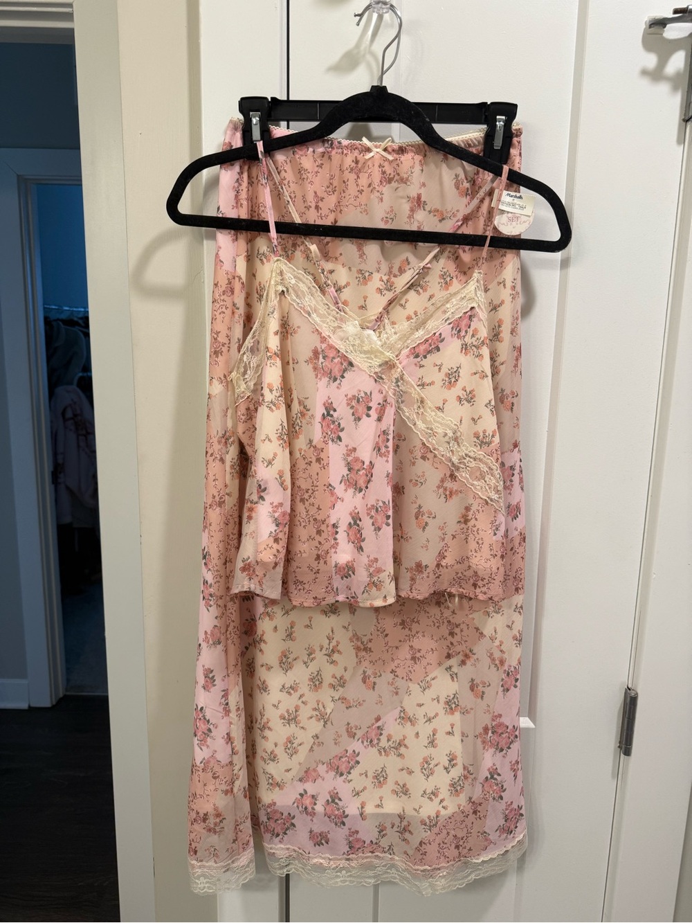 Pink Rose Sheer Floral Lace-Trim Pink Skirt and Tank Top Set